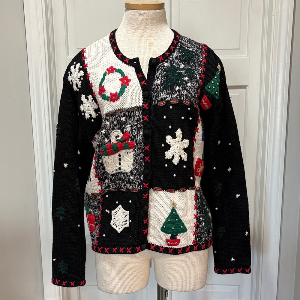 Vintage sz PL Christmas novelty button up embroidered/beaded cardigan